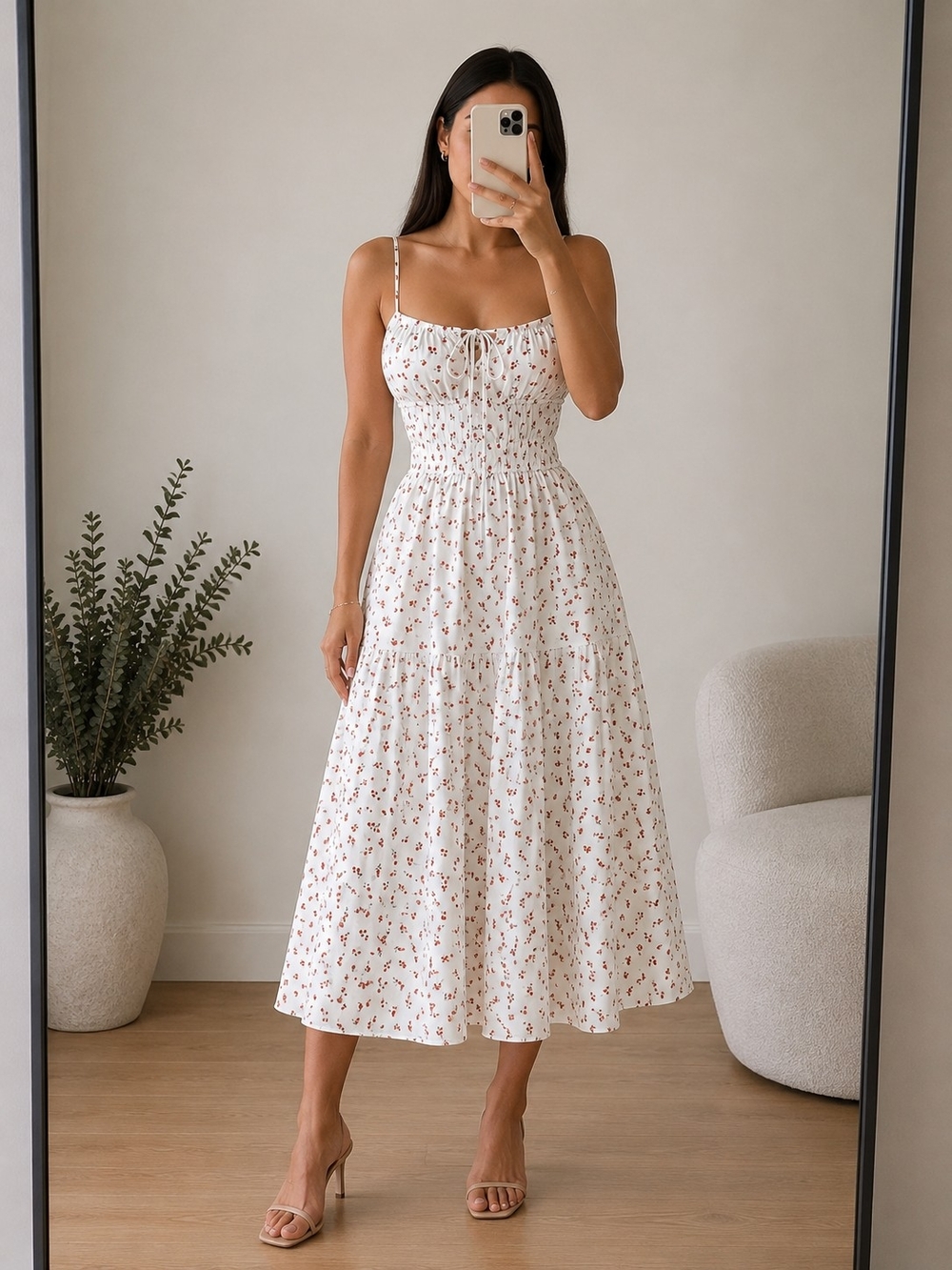White Maxi Dress with Red Floral Print